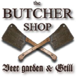 Logo of The Butcher Shop Beer Garden & Grill with crossed meat cleavers.