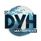 Logo de "Grupo DYH Multiservicios" sobre un globo terráqueo estilizado en azul y blanco.
