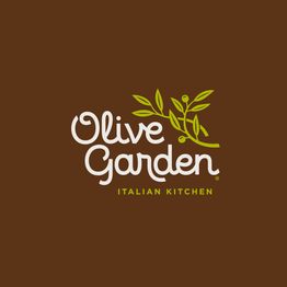 Logo do Olive Garden com fundo marrom e ramo de oliveira verde ao lado do nome.
