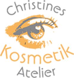 Logo mit Auge und Text: Christines Kosmetik Atelier in Grau und Orange.