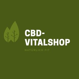 Grünes Logo mit zwei Blättern und Text „CBD-Vitalshop, Natürlich Fit“.