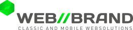 Grünes Würfel-Logo und der Text "WEB//BRAND Classic and Mobile Websolutions" in Grau und Grün.