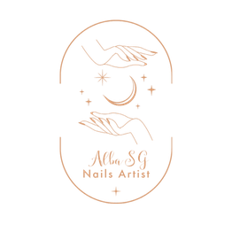 Logo en fondo negro con manos, luna y estrellas, texto: "Alba SG Nails Artist".