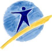 Blaues Männchen auf gelbem Bogen vor blauem Kreis, symbolisiert Balance oder Fortschritt.