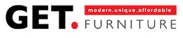 Logo of "GET. Furniture" with tagline "modern.unique.affordable" in red text.
