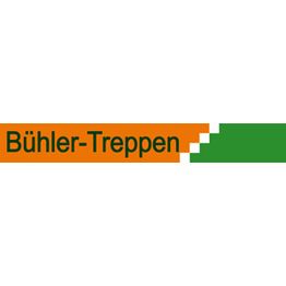 Logo von Bühler-Treppen, orange Schrift auf grünem und orangem Hintergrund mit Treppenmotiv.