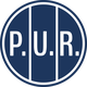 Blaues, rundes Logo mit weißen Buchstaben "P.U.R." in drei vertikalen Feldern, modern gestaltet.