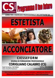 Poster promozionale per corsi di estetista e acconciatore a Corigliano Calabro con dettaglio immagini.