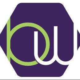 Abstract bW graphic with green and white letters on a purple hexagon background.