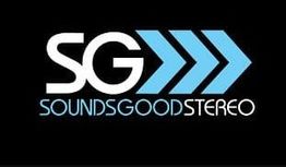 Logo with "SG" and blue arrows, reads "SOUNDSGOODSTEREO" on a black background.