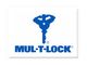 Logo blu di Mul-T-Lock con una chiave a forma di uomo muscoloso. Sfondo bianco.