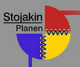 Logo mit den Worten "Stojakin Planen", farbige Segmente in Rot, Gelb und Blau.