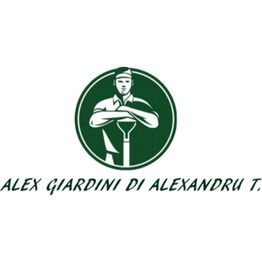 Logo con giardiniere stilizzato e pala. Testo: "ALEX GIARDINI DI ALEXANDRU T.".