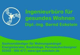 Visitenkarte des Ingenieurbüros für gesundes Wohnen mit Kontaktinformationen auf blau-grünem Hintergrund.