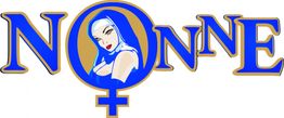 Text "NONNE" mit Nonnenabbildung im O. Weiblichkeitssymbol in Blau und Gold.