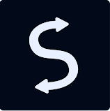 Weißes S-förmiges Symbol mit Pfeilen auf dunkelblauem Hintergrund.