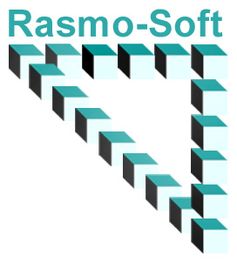 Schriftzug "Rasmo-Soft" über einem dreidimensionalen, optisch täuschenden Dreieck aus Blöcken.