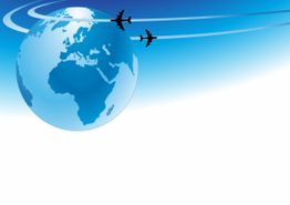 Flugzeuge umkreisen die Erde vor blauem Himmel, symbolisieren globalen Reiseverkehr.