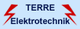 Logo mit Schriftzug "TERRE Elektrotechnik" und zwei roten Blitzen auf blauem Hintergrund.