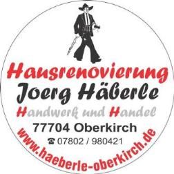 Kreisförmiges Logo der Firma Joerg Häberle für Hausrenovierung in Oberkirch mit Kontaktinfos.