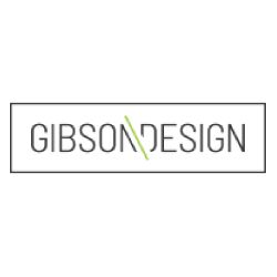 "Gibson Design logo with a diagonal line through the text in a rectangular border."