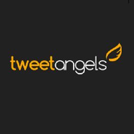 "Tweet Angels logo with a wing design on a dark background."