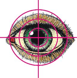 Ein Auge mit grüner Iris im Fadenkreuz, hellem Hintergrund.