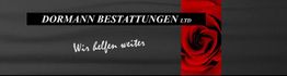 Schwarzer Hintergrund mit roter Rose, Text: "DORMANN BESTATTUNGEN LTD - Wir helfen weiter".