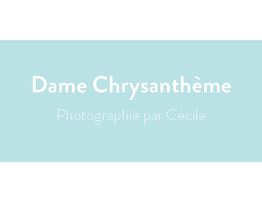 Texte blanc sur fond bleu: "Dame Chrysanthème, Photographie par Cécile".