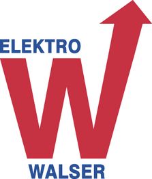 Logo mit rotem Pfeil-W für Elektro Walser in blauer Schrift.