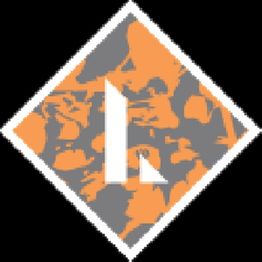 Abstract orange and gray pattern in diamond shape with stylized letter "L" in the center.