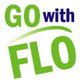 Text "GO with FLO" in green and blue, with a swoosh underlining "GO."