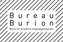 Text "Bureau Burion, Büro für kreative Angelegenheiten" auf diagonalen Streifen.