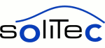 Logo mit Schriftzug "solitec" und einer blauen Linie in Form eines Autos.