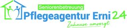 Logo der Pflegeagentur Erni 24 mit Haus, Herzsymbol und Schriftzug "Seniorenbetreuung Zuhause umsorgt".