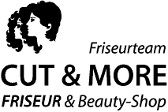 Logo von CUT & MORE Friseur- und Beauty-Shop mit zwei Profil-Silhouetten.