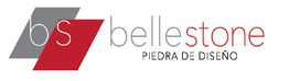 Logo de Bellestone, letras grises y rojas, con el texto "Piedra de Diseño" en la parte inferior.