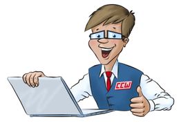 Ein lächelnder Mann mit Brille zeigt einen Daumen hoch und arbeitet an einem Laptop.