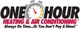 Logo of "One Hour Heating & Air Conditioning" with a clock and slogan about punctual service.