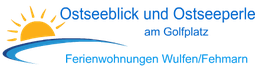 Logo mit Sonne und Welle, Text: "Ostseeblick und Ostseeperle" Ferienwohnungen Wulfen/Fehmarn.