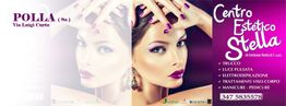 Pubblicità del Centro Estetico Stella con una donna dallo stile glamour e servizi elencati.