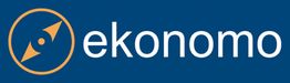 Blaues Logo mit dem weißen Wort "ekonomo" neben einem orangen Kompasssymbol.