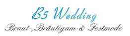 Logo mit Text „B5 Wedding - Braut-, Bräutigam- & Festmode“ in blauer und schwarzer Schrift.