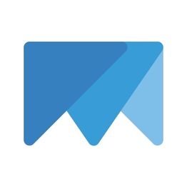 Geometric blue logo with overlapping triangles on a white background.