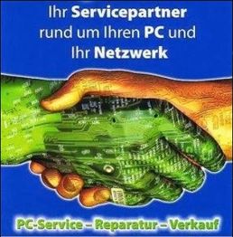 Zwei Hände schütteln sich, eine aus Schaltkreisen, Text: Servicepartner für PC und Netzwerk.