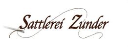 Der Schriftzug "Sattlerei Zunder" mit einer Nadel und geschwungenem Faden abgebildet.