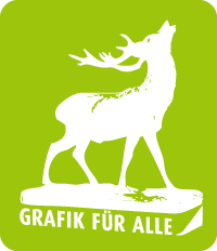 Weißer Hirsch auf grünem Grund mit Schriftzug "Grafik für Alle" darunter.