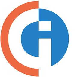 Halbes oranges und blaues Kreis-Logo, das Buchstaben C und G bildet.