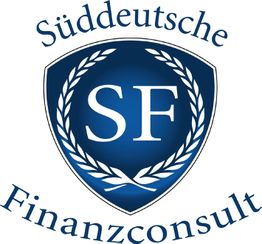 Logo mit Schild, Lorbeer und Buchstaben "SF". Text: Süddeutsche Finanzconsult.