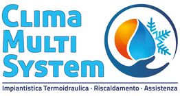 Logo di Clima Multi System con icone di sole, goccia e fiocco di neve. Testo: Impiantistica.